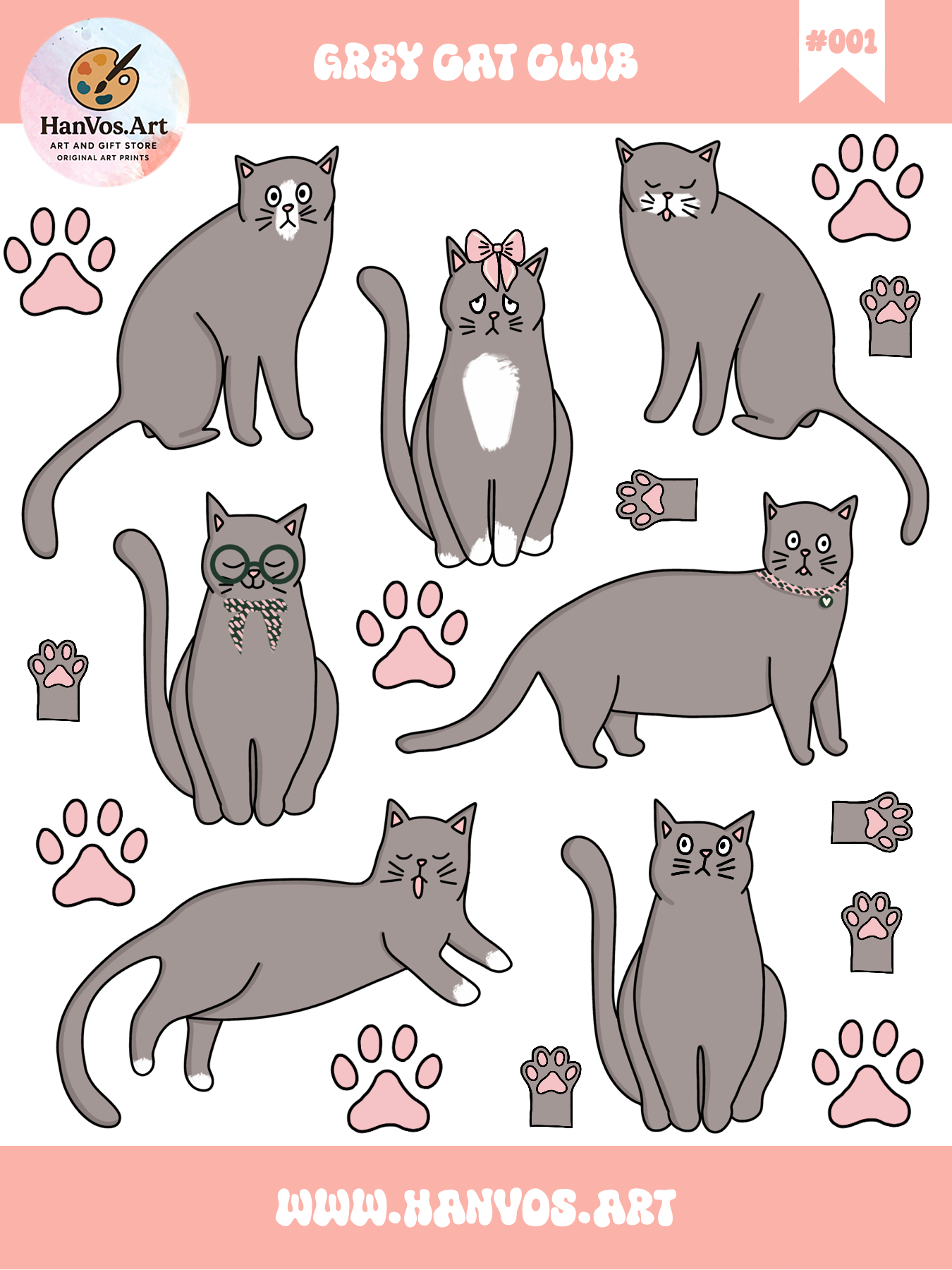 Grey Cat Club Sticker Sheet, 4.5”x6”