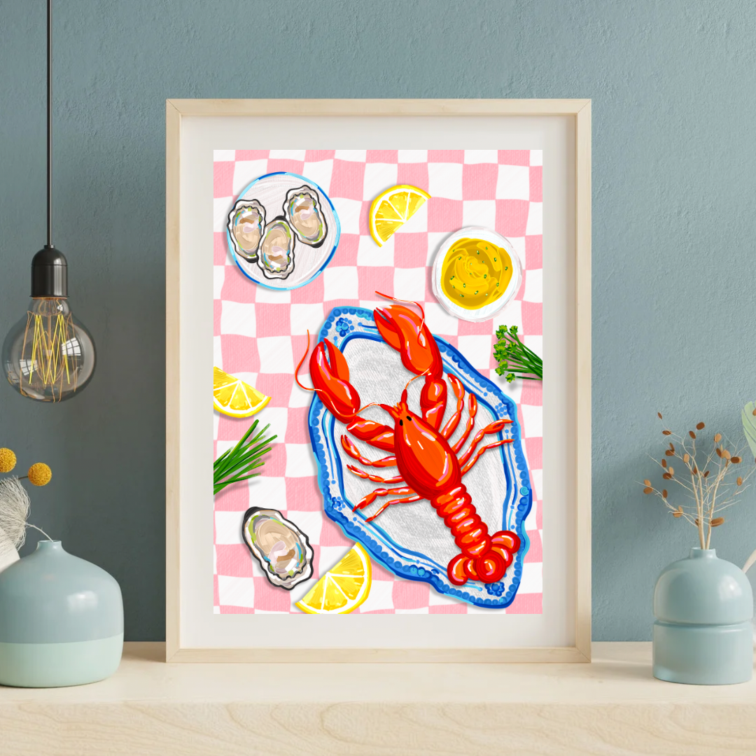 Red & Pink Checkered Lobster Seafood Platter Art Print, Unframed