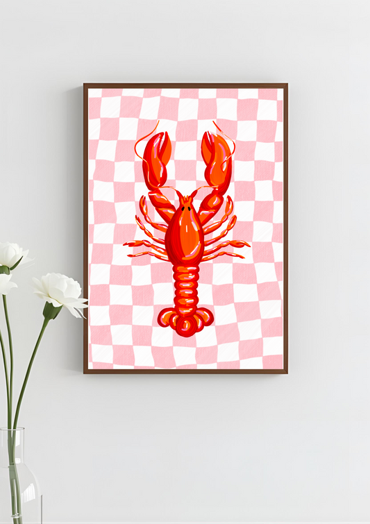 Red & Pink Checkered Lobster Art Print, Unframed