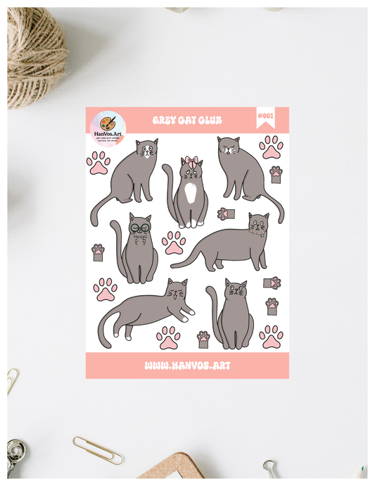 Grey Cat Club Sticker Sheet, 4.5”x6”