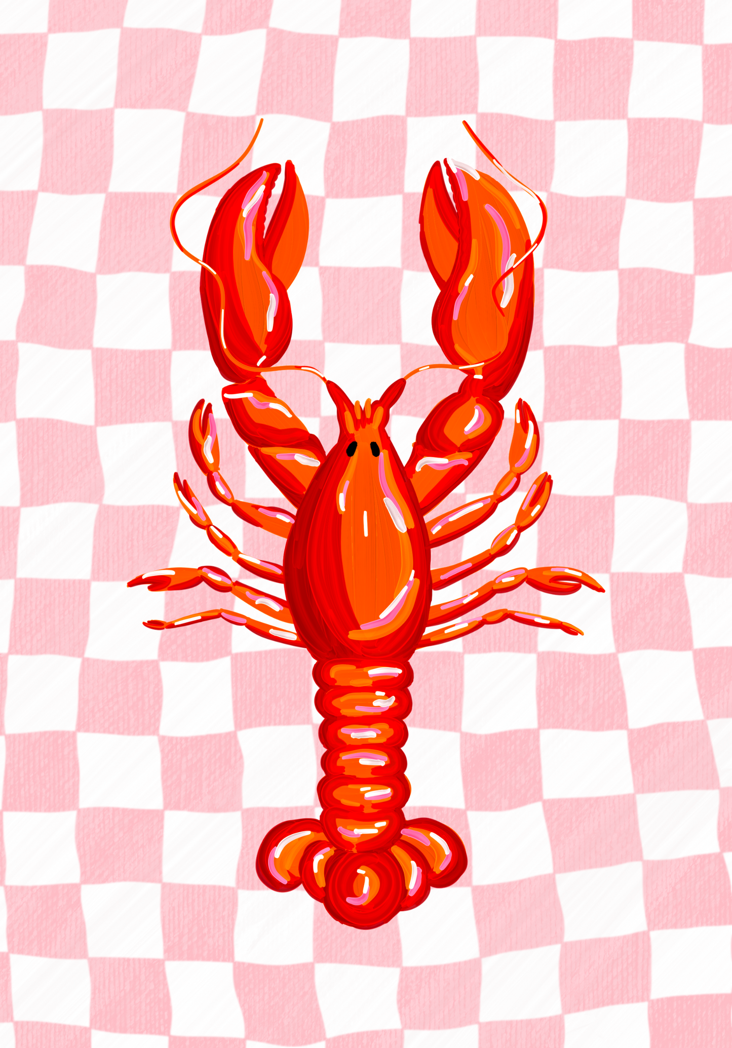 Red & Pink Checkered Lobster Art Print, Unframed