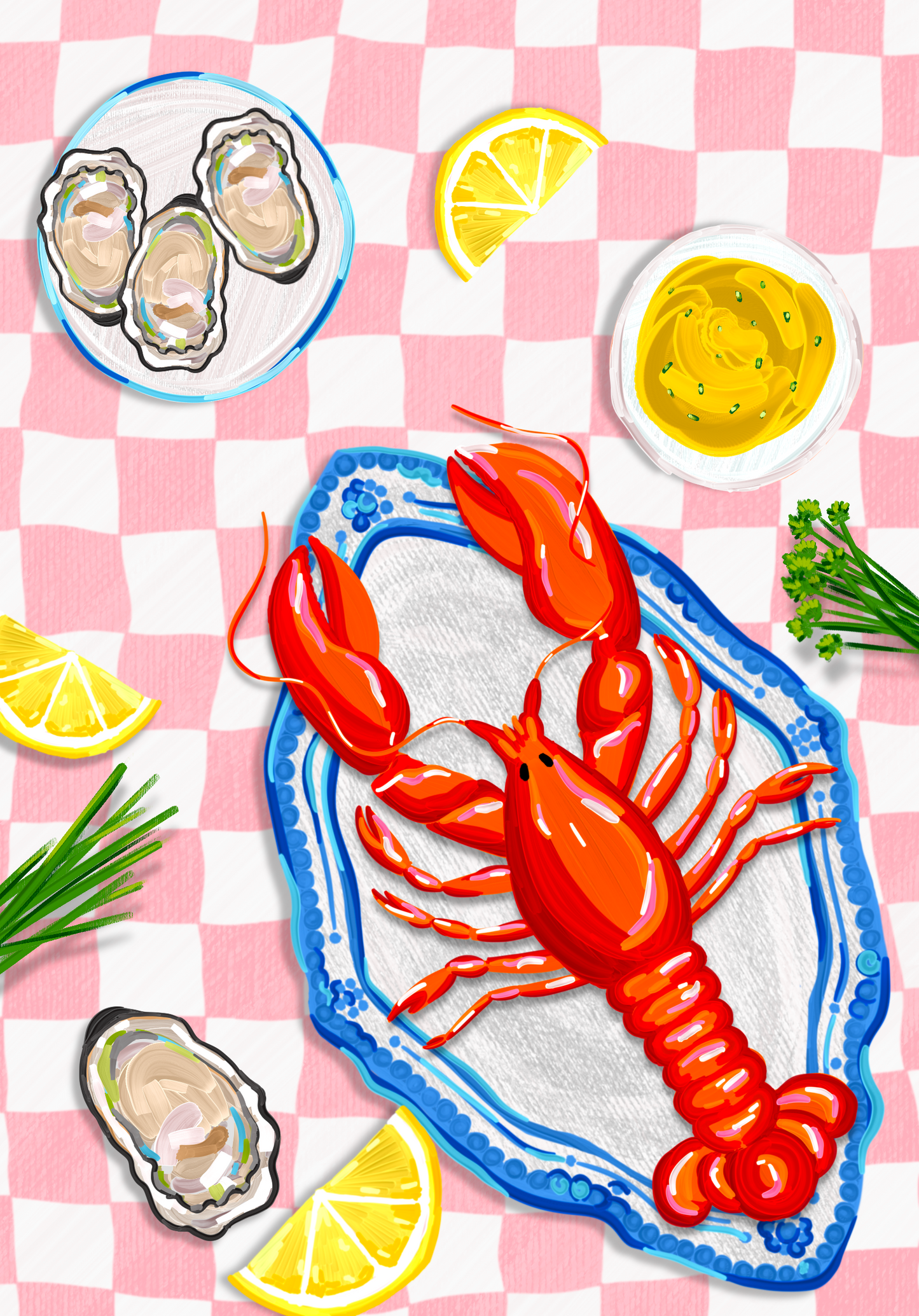 Red & Pink Checkered Lobster Seafood Platter Art Print, Unframed