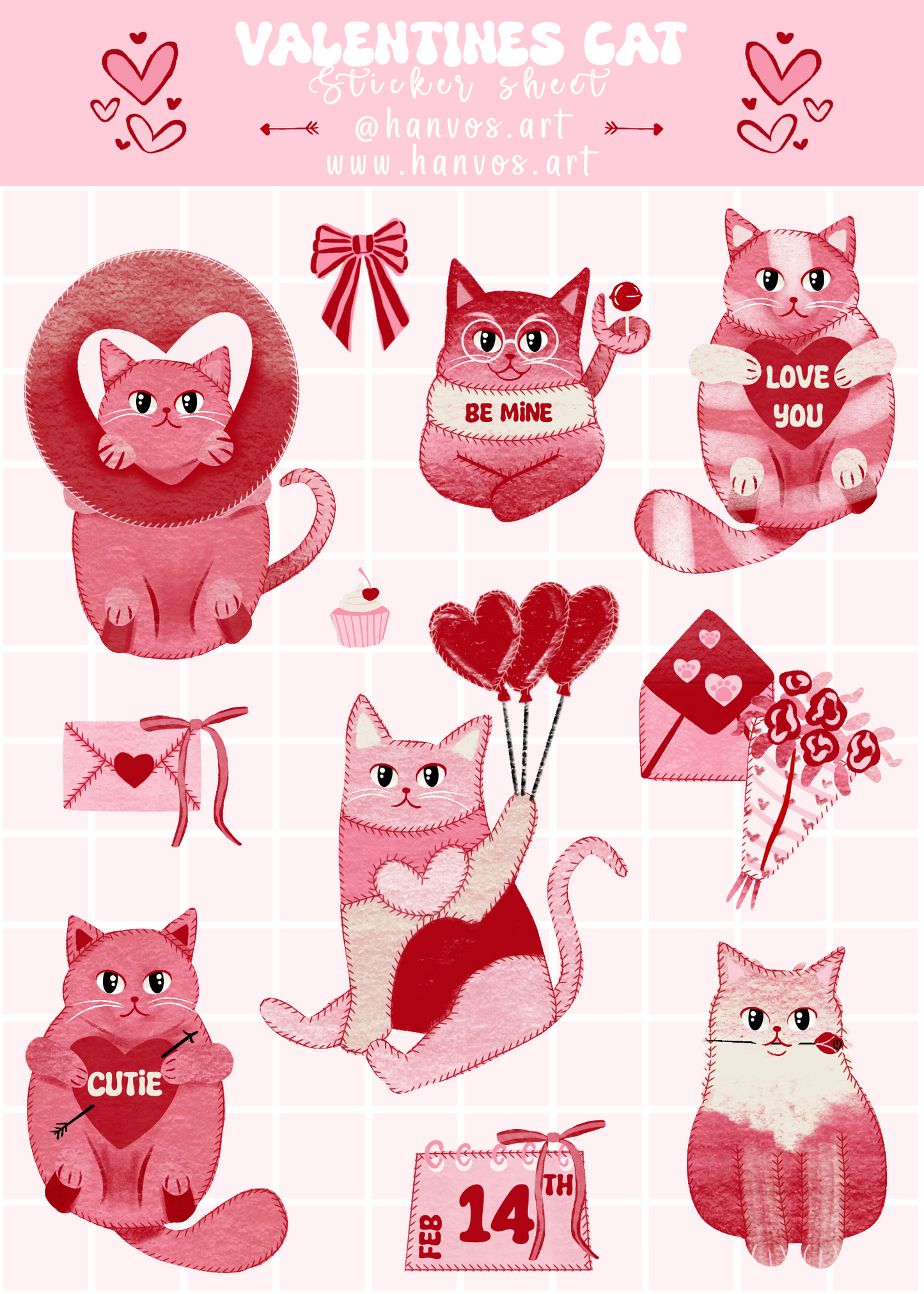 Valentines Cats Sticker Sheet, 11 x 17 cm