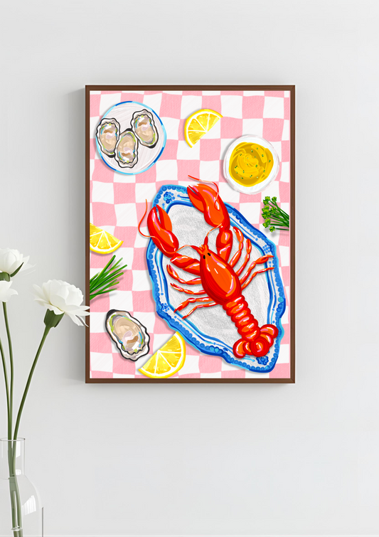 Red & Pink Checkered Lobster Seafood Platter Art Print, Unframed