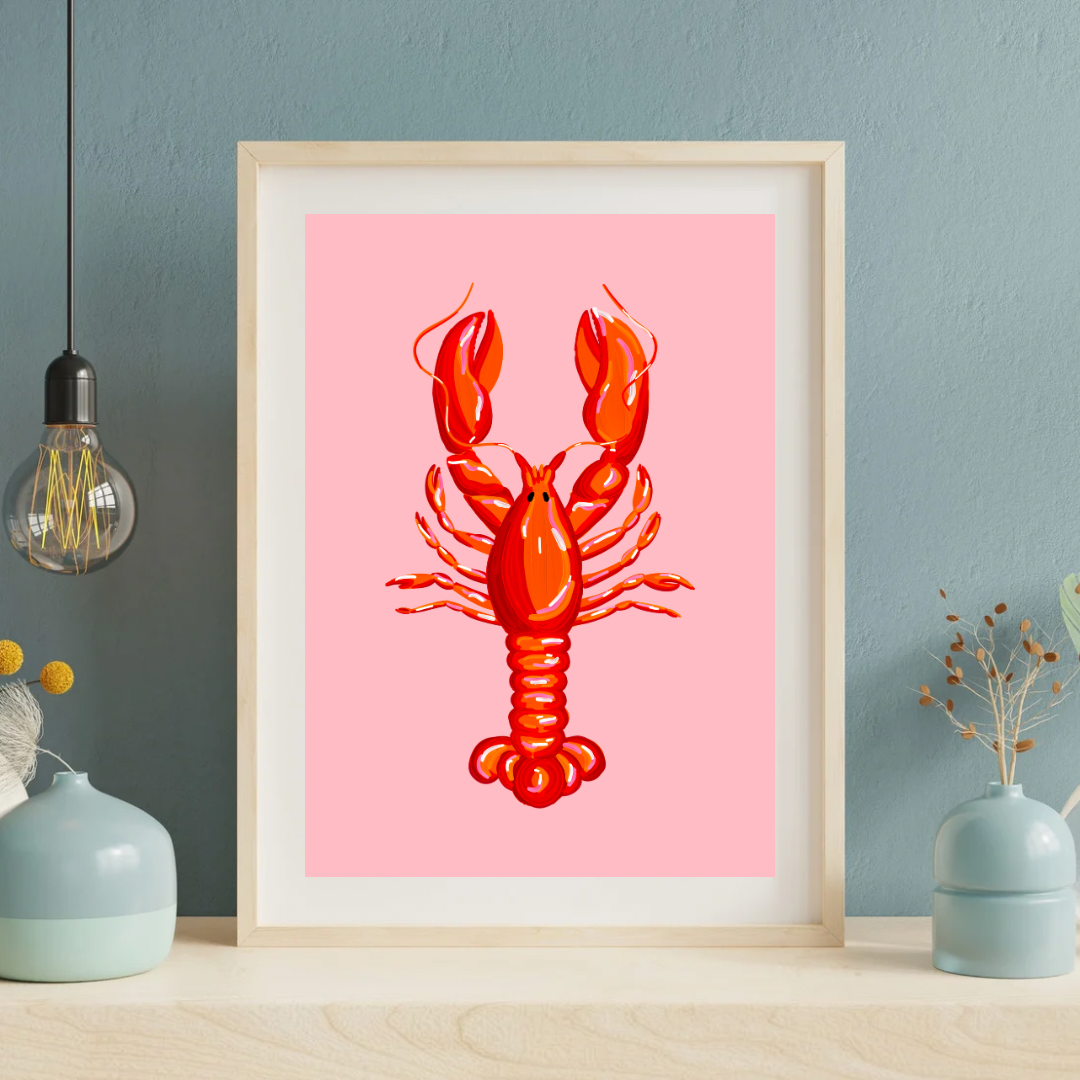 Red & Pink Lobster Art Print, Unframed
