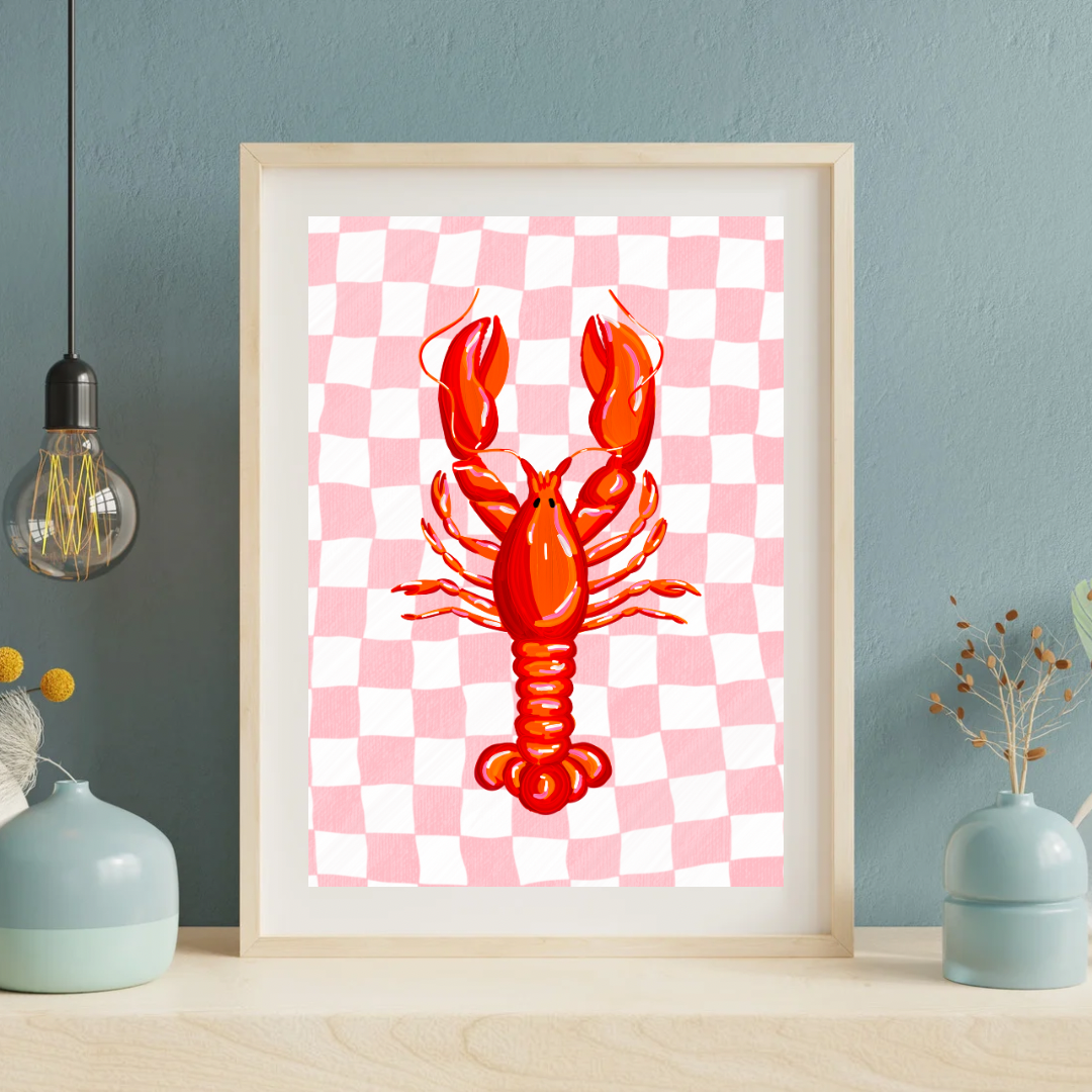 Red & Pink Checkered Lobster Art Print, Unframed